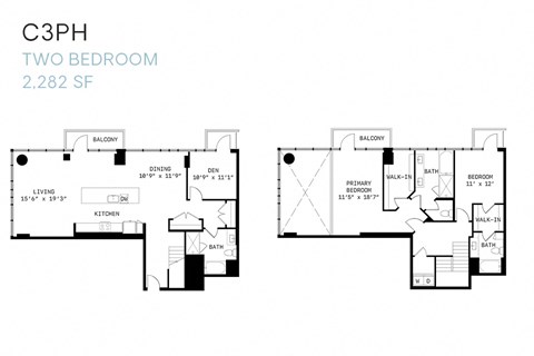 Floor plan for 2 beds, 3 baths, 2282 sqft